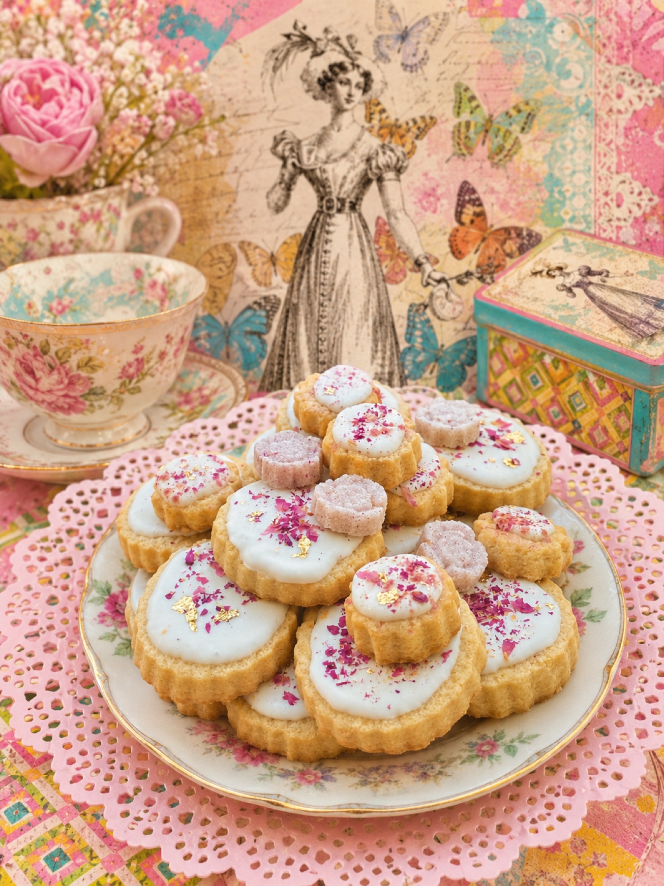 Tea sweets with vintage china and decorative tablescape details