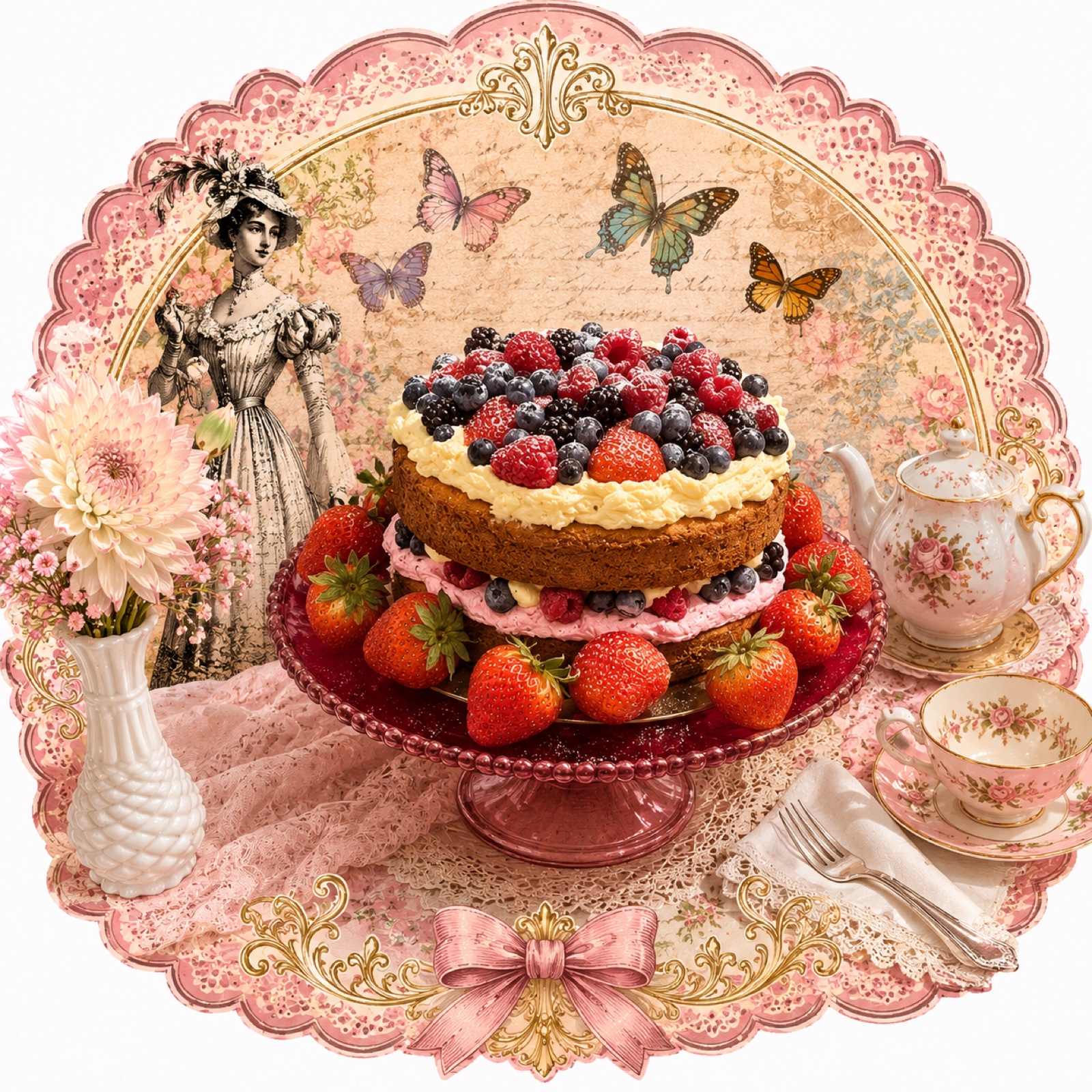 Pastel con frutas y estilo de mesa de te vintage